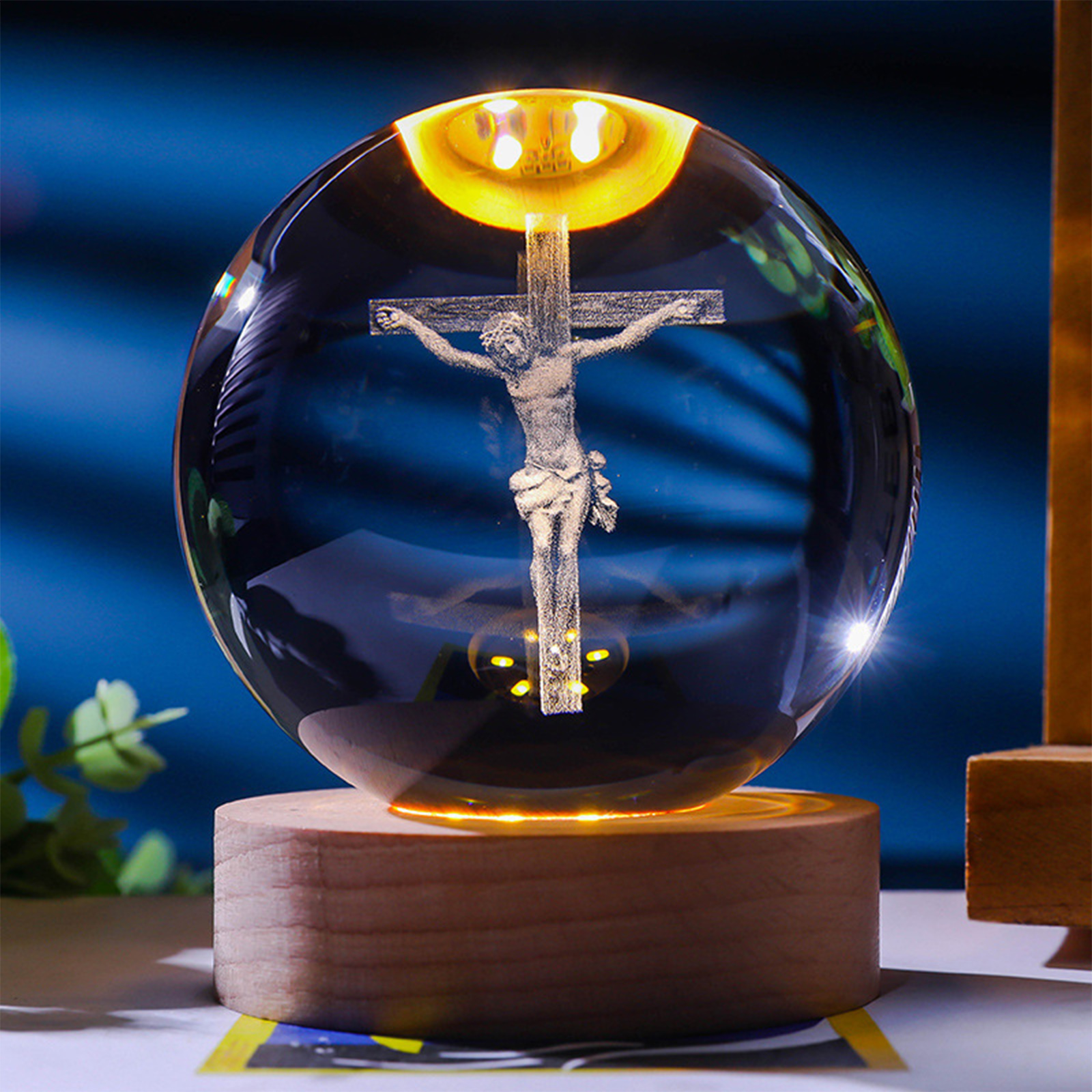 3D Engraved Crystal Jesus Holy Family Statue Figurine Table/Desk Ornament 3D Crystal Ball Holy Family Statue Catholic with Wooden Base Home Ornament Jesus Christian Religious Easter Gifts